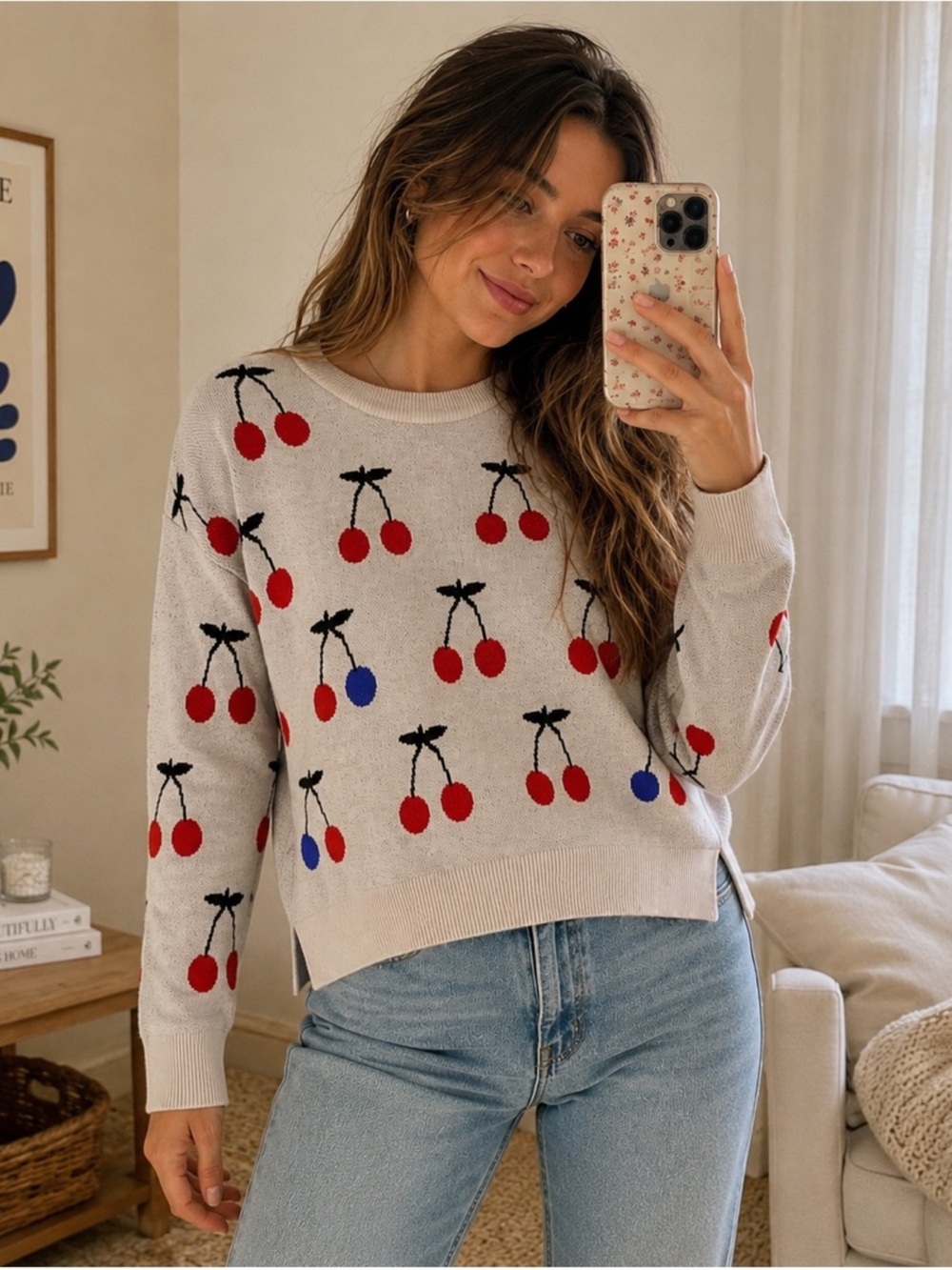 NWT Madewell Cream Sweater with Red & Blue Cherry Motif